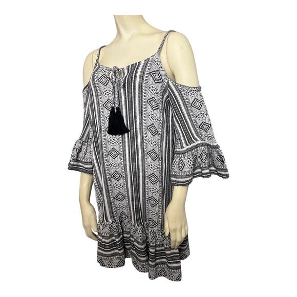Elan Geo Tassel Cold Shoulder Mini Sundress Black/White Womens L Boho Swim Beach - Picture 3 of 6